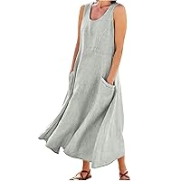 Womens Plus Size Summer Casual Sleeveless Dresses Crewneck Flowy Maxi Dress 2024 Vacation Beach Cover Up Dress with Pockets