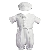 Baby Boy White Poly Cotton Christening Baptism Romper Set with Vest and Hat
