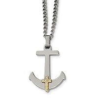 Stainless Steel Fancy Lobster Closure Polished With 14k Gold Diamond Religious Faith Cross Nautical Ship Mariner Anchor Necklace 24 Inch Measures 23.32mm Wide Jewelry for Women