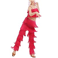 Girls 2 Piece Latin Ballroom Dance Outfits Set Tassel Camisole Fringe Pants Modern Salsa Dancewear