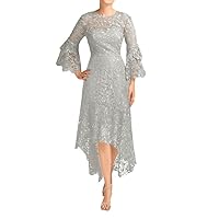 Lace Chiffon Mother of The Bride Dresses High Low Formal Dresses Mother of Groom Dresses Bell Sleeve Silver US14
