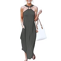 Women's Summer Casual Criss Cross Sundress Sleeveless Split Maxi Long Beach Dress with Pockets
