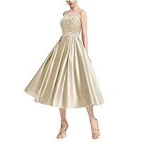 Women's Scoope Neck Lace Applique Illusion Prom Dress Formal Satin Homcoming Party Gowns