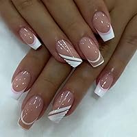 Foccna Pink French Press on Nails Medium, White Fake Nails Square Acrylic False Pink Nails,French Artificial Nails for Women and Girls,24 pcs