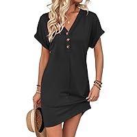 Women's Summer Dresses 2024 Casual Short Sleeve Solid Color Half-Placket Buttoned Batwing Sleeve Midi Dress