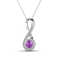 Round Amethyst & Natural Diamond 1/2 ctw Women Vertical Infinity Pendant Necklace. Included 16 Inches 14K Gold Chain