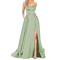 High Rise Summer Dresses 2024 for Women Spring with Pockets Cocktail Split Satin Backless Maxi Long Spaghetti Strap