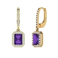 5.8ct Brilliant Emerald Cut Halo Drop Dangle Natural Amethyst Solid 18k Yellow Gold Earrings Lever Back