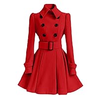 Womens Swing Wool Blend Pea Coat Double Breasted Trench Coat With Belt