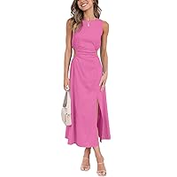 LILLUSORY Womens Cutout Split Linen Cotton Sleeveless Slit Maxi Dress