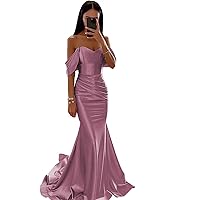 Off Shoulder Bridesmaid Dresses Ruched Satin Mermaid Prom Dresses for Women Long Formal Wedding Party Gowns with Tail