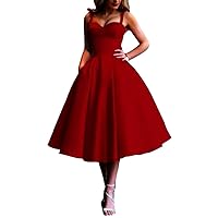 Women's Satin Short Homecoming Dresses Bow Shoulder Straps Prom Party Cocktail Dresses