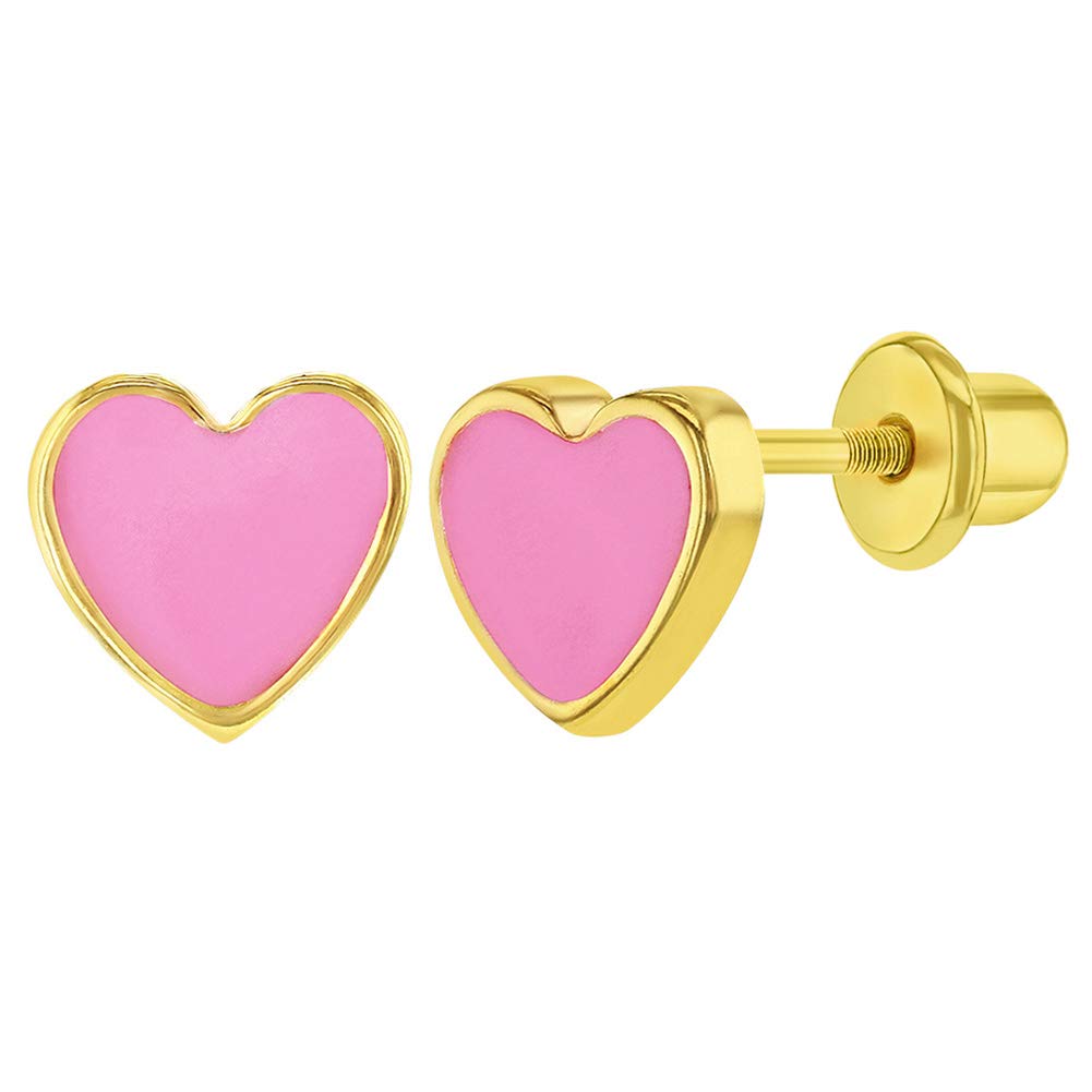 Gold Plated Pink Enamel Heart Screw Back Earrings for Toddlers & Young Girls - Sweet and Lovely Safety Heart Stud Earrings for Little Girls - Great Gift for Valentine's Day or Any Special Moments