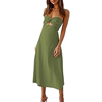 Fiemaoves Sexy Twist Front Strapless Sweetheart Neckline Midi Dresses for Women Smocked Cutout Tube Linen Dress Wedding Guest