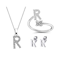 3 Pack Alphabet R Rings Cubic Zirconia Pendant Necklace Earrings Studs for Women Girls Jewelry Sets