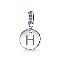 Engravable A-Z Monogram BLUE Crystal Accent Bale Dangle Round Circle Disc Shaped Alphabet Initial Charm Bead For Women Teen .925 Sterling Silver European Bracelet Simulated Sapphire Birthstone