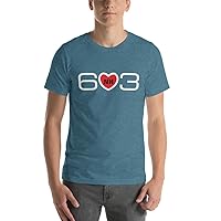 New Hampshire's Area Code 603 with Center Red Heart Design. Unisex t-Shirt, Dark Colors