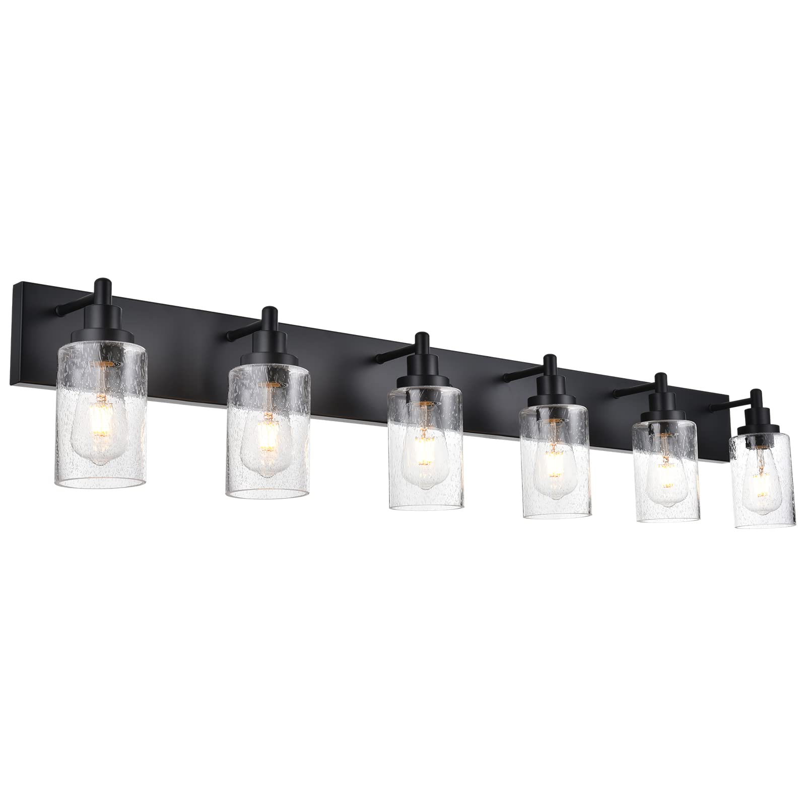 MELUCEE 6 Lights Bathroom Vanity Light Fixtures Over Mirror, Dimmable Vanity Lights Matte Black Finish with Seeded Glass Shade, Metal Wall Lighting for Bath Kitchen Living Room
