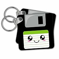 3dRose Key Chains Kawaii Cute Happy Floppy Disk - Retro 90s computer storage disk - Fun smiling with Green label (kc-57448-1)