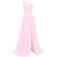 Womens One Shoulder Lace Chiffon Bridesmaid Dress with Split