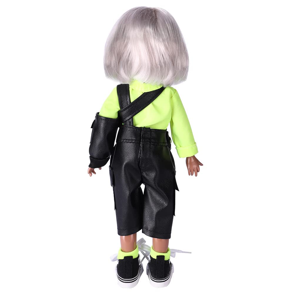 QUEBAN Doll by Sileas-Poseable Fashion Doll with Black Overalls and Short White Hair,A Pair of Designer Recommended Interchangeable Hand,Great Gift for Kids 6-12 Years Old and Collectors-11 ?in