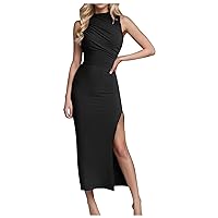 joysale Women's Sleeveless Bodycon Maxi Dress 2024 Casual Mock Neck Ruched Dresses Summer Side Slit Long Tank Dress