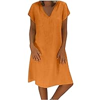 Women Short Sleeve Swing Tunic Cotton Linen T-Shirt Dress Summer Trendy Dressy Casual V Neck Knee Length Plain Dress