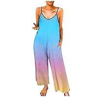Womens Gradient Print Sleeveless Spaghetti Straps Jumpsuits Wide Leg Casual Summer Lightweight Loose Rompers