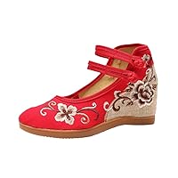 Women Embroidered Cotton Fabric Shoes Female Ethnic Ankle Strap Wedge Pumps Vintage Dance Shoes with Buttons Red 4.5