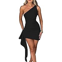 Women's Casual Ruched Asymmetrical Hem Backless Party Dress One Shoulder Sleeveless Fashion Skinny Dresses