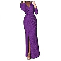 Long Sleeve Prom Dresses for Women Wrap V Neck Maxi Mermaid Formal Evening Gowns Cocktail Party Dress with Slit