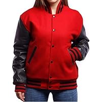 Zaine Enterprises Women's Jacket Varsityt Baseball Letterman Bomber Collage Red Wool and Genuine Black Leather Sleeves
