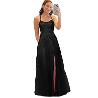 Lace Tulle Prom Party Dresses A Line Spaghetti Straps Formal Gown with Side Split