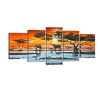 Wieco Art Elephant Family Large Modern 5 Piece Gallery Wrapped African Landscape Giclee Canvas Prints Artwork Animals Paintings Reproduction Pictures on Canvas Wall Art for Bedroom Home Decor L