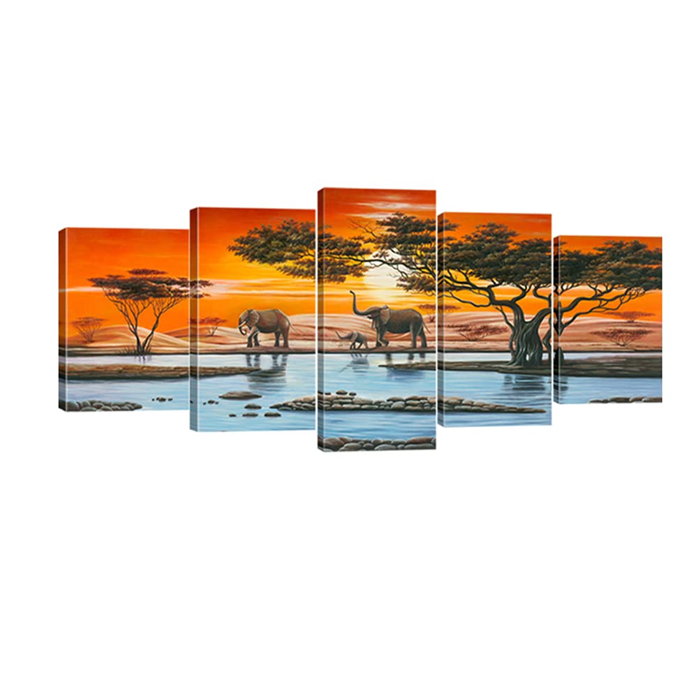Wieco Art Elephant Family Large Modern 5 Piece Gallery Wrapped African Landscape Giclee Canvas Prints Artwork Animals Paintings Reproduction Pictur...