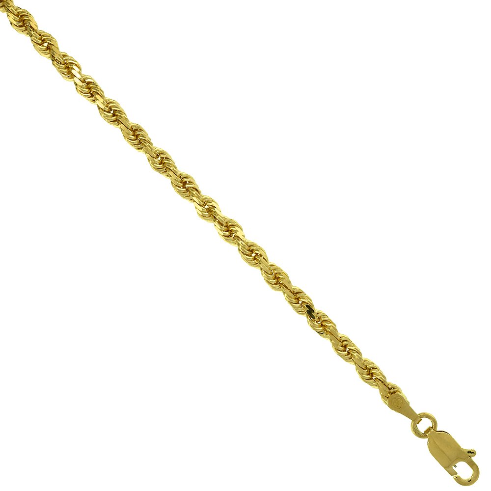 Solid Yellow 14K Gold 3mm Diamond Cut Rope Chain Necklaces & Bracelets for Men and Women 8-30 inches long
