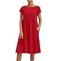 Women's Summer Short Sleeve Crew Neck T Shirt Dress Casual Loose Ruffle Swing Dress with Pockets Solid Tunic Dresses