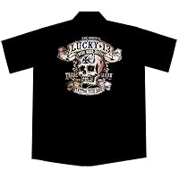 Lucky 13 Devil Skull Biker Work Shirt, Booze Bikes Broads