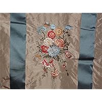 Silk Taffeta Cloudy Blue X Beige Satin Stripe with Multi Color Embroidery
