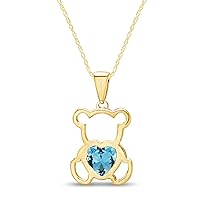 AFFY 14K Gold Over Sterling Silver Cute Teddy Bear Love Heart Pendant Necklace, Aquamarine