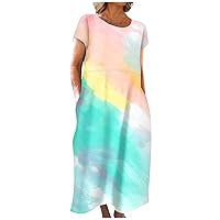 Women's Sun Dress for Beach Vacation Summer Maxi Dress Print Short Sleeve Boho Dress with Pockets Casual, S-5XL