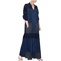 Women Button Down Color Block Cotton Linen Shirt Dress Summer Long Sleeve Lapel Fashion Casual Loose Maxi Dresses