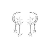 Solid 925 Sterling Silver Crescent Moon Star Earrings Studs for Women Teen Girls CZ Moon Studs Earrings Star Tassel Earrings
