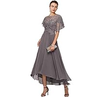 Tea Length Mother of The Bride Dress Formal Wedding Guest Elegant Scoop Neck Asymmetrical Half Sleeve with Beading Appliques