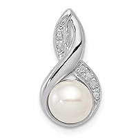 925 Sterling Silver Polished Open back Rhodium 6mm Freshwater Cultured Pearl and Diamond Pendant Necklace Jewelry for Women