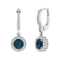 Clara Pucci 3.55 ct Round Cut Halo Solitaire Natural London Blue Topaz VVS1 Designer Lever back Drop Dangle Earrings Solid 14k White Gold