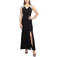 S.L. Fashions Women's Long V-Neck Sleeveless Fit and Flare Dress Sequin and Slit