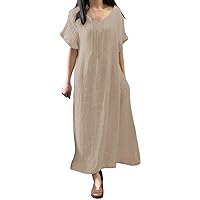 Wedding Dress Plus Size,Women Solid Long Skirt Cotton and Linen Loose Casual Pocket Dress Womens Long Casual Dr