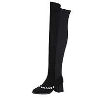 BIGTREE Womens Over The Knee High Boots Black Shoes Suede Stretch Chunky Heels Pull On Studded Thigh High Riding Boots