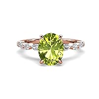 2.48 ctw Peridot Oval Shape (9 x 7 mm) alternating Side Marquise & Round Lab Grown Diamond Hidden Halo Engagement Ring in 14K Gold